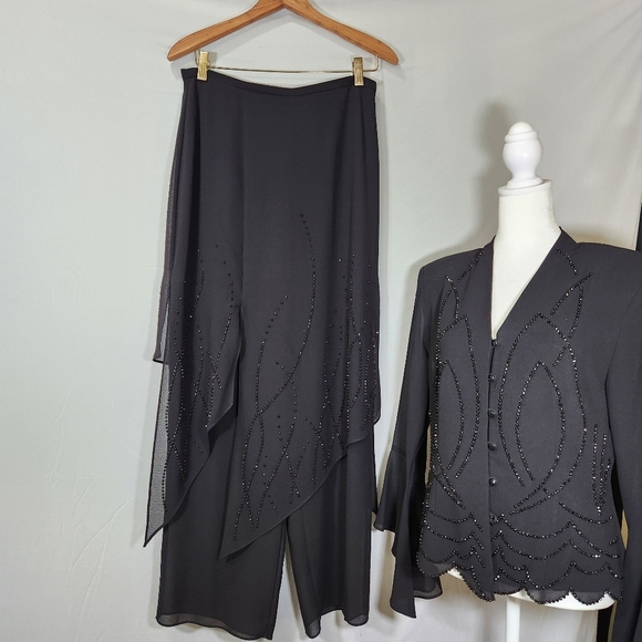 Vintage JR Nites Sheer Wide Leg Black High Waist Asymmetrical Pantsuit with Slit - Picture 1 of 14